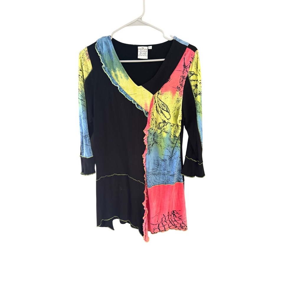 Parsley & Sage Womens Abstract Patchwork Ruffle Tunic Top‎ Black Multi Color S